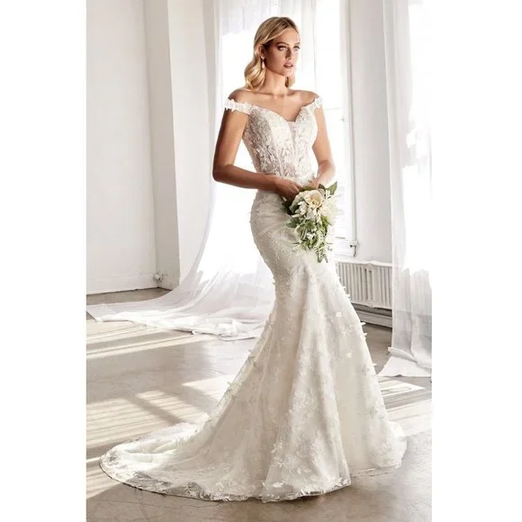 Stunning Wedding Gown with Deep Neckline and Floral Accents #CDTY01, 6 / off White